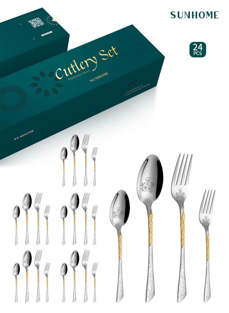 SUNHOME 24-Piece Stainless Steel Cutlery Set with Gold Handle, Elegant Floral Pattern Flatware Set , Mirror Polished Food Grade Tableware, Ideal for Home Kitchen, Party and Eid Gift - Image 1
